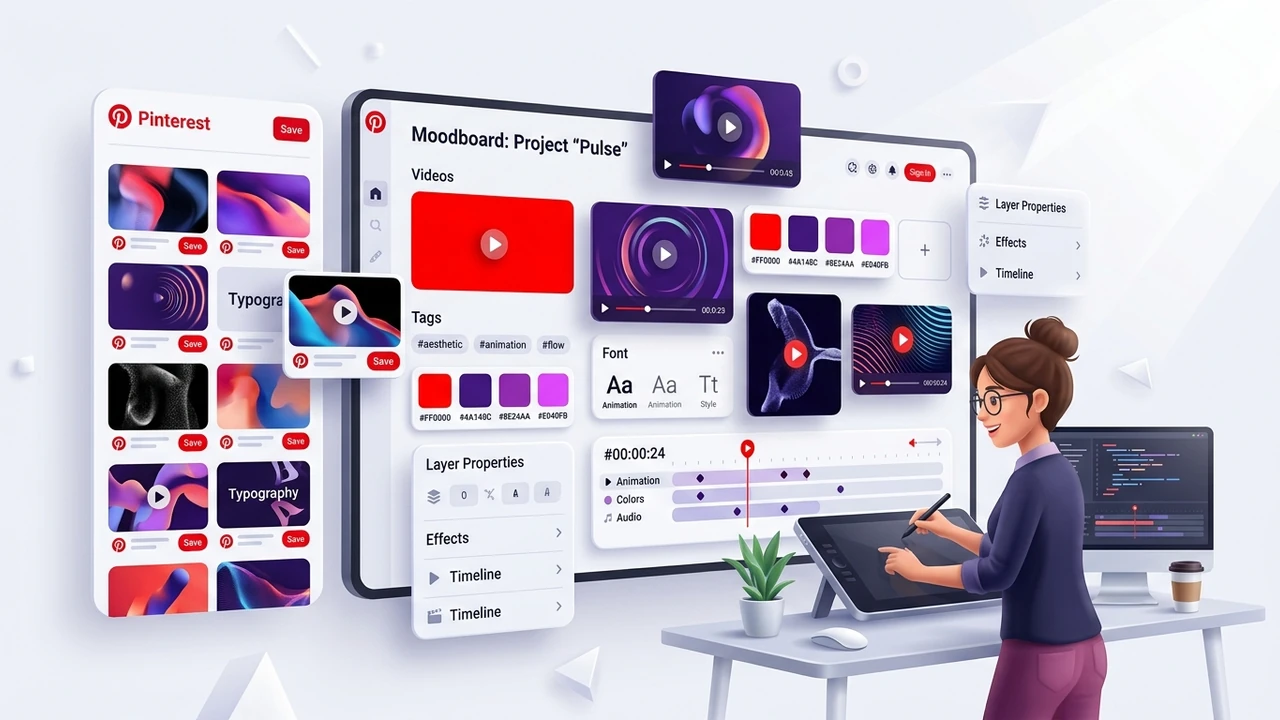Motion design video moodboard workflow showing Pinterest pin extraction into Figma, DaVinci Resolve, and Premiere Pro by Ajay Kale