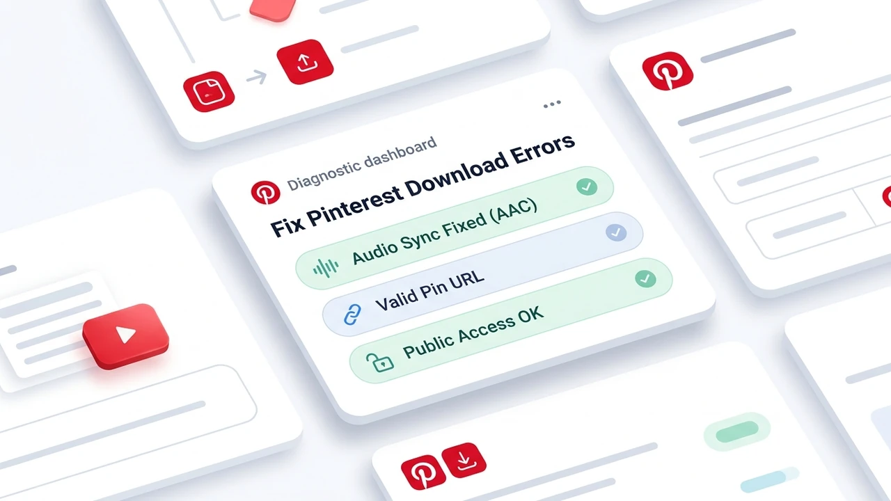 Diagnostic flowchart troubleshooting Pinterest video download errors, private board restrictions, and audio sync fixes by Ajay Kale